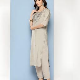 BAESD Women Floral Embroidered Thread Work Pure Cotton Kurta with Trousers & Dupatta-picture-47