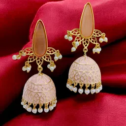 TISHUL JEWELS Gold-Plated Artificial Stones Studded And Beaded Dome Shaped Jhumkas-picture-56