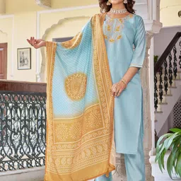 KALINI Women Floral Embroidered Regular Thread Work Chanderi Silk Kurta with Trousers & With Dupatta-52
