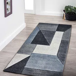OBSESSIONS Grey & Blue Geometric Rectangular Antistatic Non Slip Bedside Floor Runner-0