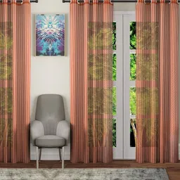 BELLA TRUE Rust 4 Pieces Striped Eyelet Fitted Window Curtains-image-1