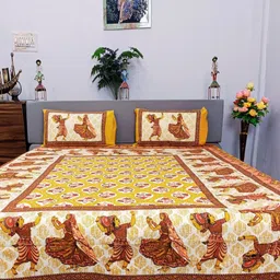 Marika Yellow & White Ethnic Motifs 260 TC King Bedsheet with 2 Pillow Covers-image-66