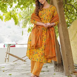 Jaitpuriya Women Floral Printed Regular Pure Cotton Kurta with Trousers & With Dupatta-picture-37