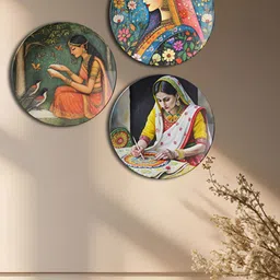 THE QUIRKY HOME 3Pcs White & Yellow Indian Women Theme Printed Ceramic Wall Decors-11