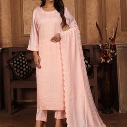 DIVASTRI Women Ethnic Motifs Sequinned Chanderi Cotton Kurta with Trousers & Dupatta-image-92