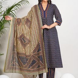 YASH GALLERY Floral Printed V-Neck Pleated Cotton A-Line Kurta With Trouser And Dupatta-picture-9