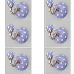 IndianShelf Blue & White 6 Pcs Dotted Printed Ceramic Wall Hooks-14
