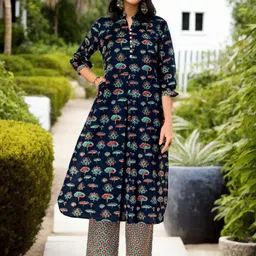 Anouk Ethnic Motifs Printed Mandarin Collar Pure Cotton A-Line Kurta With Palazzos-picture-15