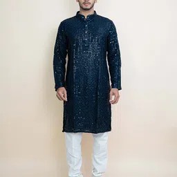 KUNDALI KAKSHAY Geometric Embroidered Mandarin Collar Sequinned Straight Kurta-image-66