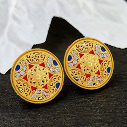 Saizen Gold-Plated Artificial Stones Studded Meenakari Circular Shaped Studs-image-69