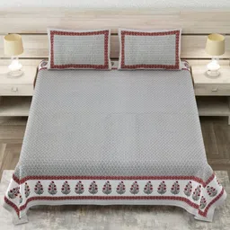 ZAHYA Grey & Peach-Coloured Ethnic Motifs 144 TC King Bedsheet with 2 Pillow Covers-picture-11