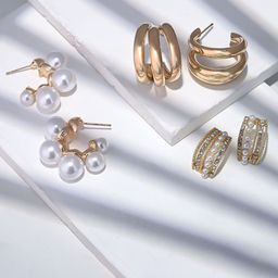 Estailo fashion Set Of 3 Steel Gold-Plated Pearls Beaded Contemporary Hoop Earrings-image-2