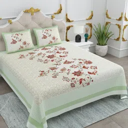 JAIPUR FABRIC Grey & Olive Green Printed Cotton 260 TC King Bedsheet Set 2.74m x 2.74m-1
