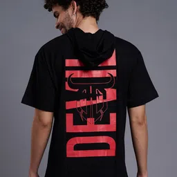 GO DEVIL Men Striped Hooded Applique T-shirt-image-81
