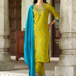 KALINI Floral Embroidered V-Neck Straight Kurta With Trouser & Dupatta-image-56