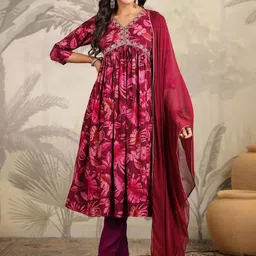 KALINI Women Floral Printed Regular Chanderi Silk Kurta with Trousers & With Dupatta-36
