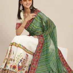 DIVASTRI Floral Kutchi Embroidery Poly Georgette Bandhani Saree-image-44