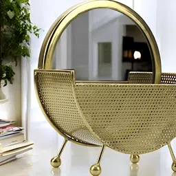 Hind Decor Round Metal Table Top Mirror With Basket-46