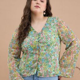 KIBO CURVE Women Plus Size Floral Printed V-Neck Flared Sleeves Shirt Style Crop Top-picture-16