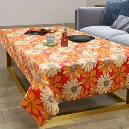 LooMantha Orange Colored &Cream Colored Floral Printed Waterproof 2-Seater Table Cover-24