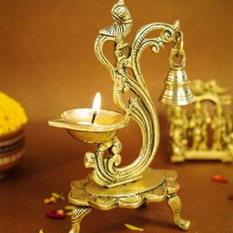 Ekhasa Gold-toned Brass Peacock Diya With Bell-image-77