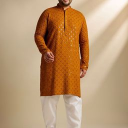 SOJANYA PLUS Men Plus Size Woven Design Embroidered Cotton Kurta with Pyjama-image-58
