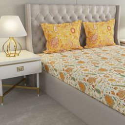 Raymond Home White & Yellow Ethnic Motifs 120 TC Queen Bedsheet with 2 Pillow Covers-picture-5