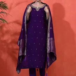 Sangria Women Embroidered Straight Kurta With Trousers & Dupatta-13