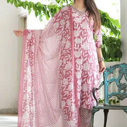 G4Girl Floral Printed Thread Work Pure Cotton Straight Kurta With Trousers &Dupatta-22
