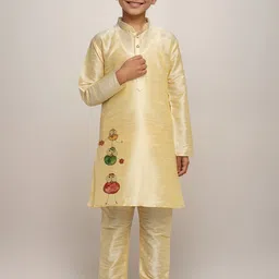 DEVOILER Boys Floral Printed Mandarin Collar Dupion Silk Straight Kurta-70