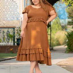 PrettyPlus by Desinoor.com Plus Size Dark Mustard Frill Dress-picture-0