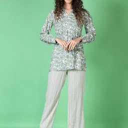 V-Mart Floral Printed Shirt Collar Long Sleeves Top With Trouser-image-12