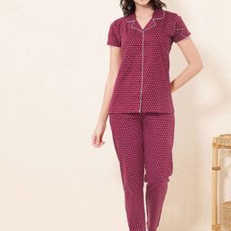 QUIRA Women Geometric Printed Lapel Collar Shirt Pyjamas Night suit-image-4
