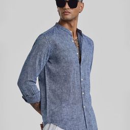 Snitch Men Smart Band Collar Solid Linen Slim Fit Casual Shirt-image-72