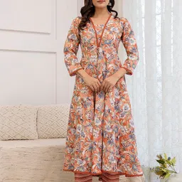 PARTHVI Floral Printed V-Neck Pure Cotton Anarkali Kurta With Trousers And Dupatta-29