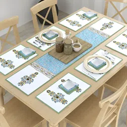 ROMEE Set Of 13 White & Blue Floral Printed Table Linen Set-85