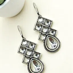FEMMIBELLA Silver-Plated Artificial Stones Studded Diamond Shaped Oxidised Drop Earrings-40