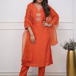 KALINI Women Ethnic Motifs Embroidered Regular Chanderi Silk Kurta with Trousers & Dupatta-picture-0