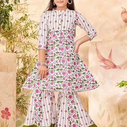 Sangria Girls Floral Printed Lace Cotton A-Line Kurta With Sharara Set-image-68
