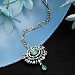 ZENEME Rhodium-Plated American Diamond Studded Maang Tikka Head Jewellery-0