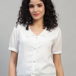 SHAHVEER CREATION Embroidered Schiffli Blouson Crop Top-image-18