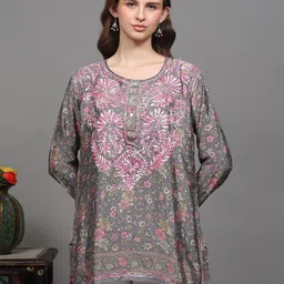 Exotic India Floral Printed Crepe Short Kurti with Chikankari Embroidery-image-87