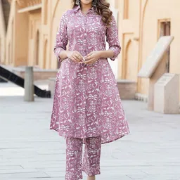 KALINI Floral Printed Shirt Collar Pure Cotton A-Line Kurta With Trousers-picture-18
