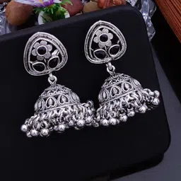 SOLIBELLE German Silver Rhodium Oxidised American Diamond Studded & Ghungroo Dome Jhumkas-picture-31