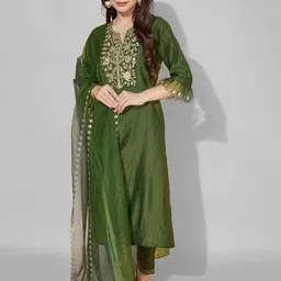SANISA Women Ethnic Motifs Embroidered Regular Kurta with Trousers & With Dupatta-16