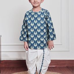 Polka Tots Boys Cotton Woven Bird Print Full Sleeve Angrakha Dhoti set-picture-35
