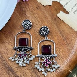 NAMAN ARTS Silver-Plated Stones Studded & Beaded Square Drop Earrings-27