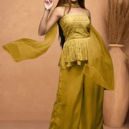 PARROT CREATION Women Embroidered Regular Sequinned Kurti with Sharara & With Dupatta-image-26