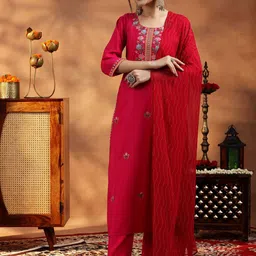 Libas Floral Embroidered Thread Work Straight Kurta with Trousers & Dupatta-picture-9