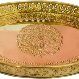 Brass Oval Tray with Cut-Work & Peacock Design- 8.5 x 6 Inch Tray Serving Set-36